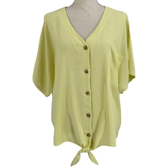 Time and Tru Tops - Time Tru Womens Button Front Tie Shirt Relaxed Yellow Stripe Short Sleeve 2XL 20